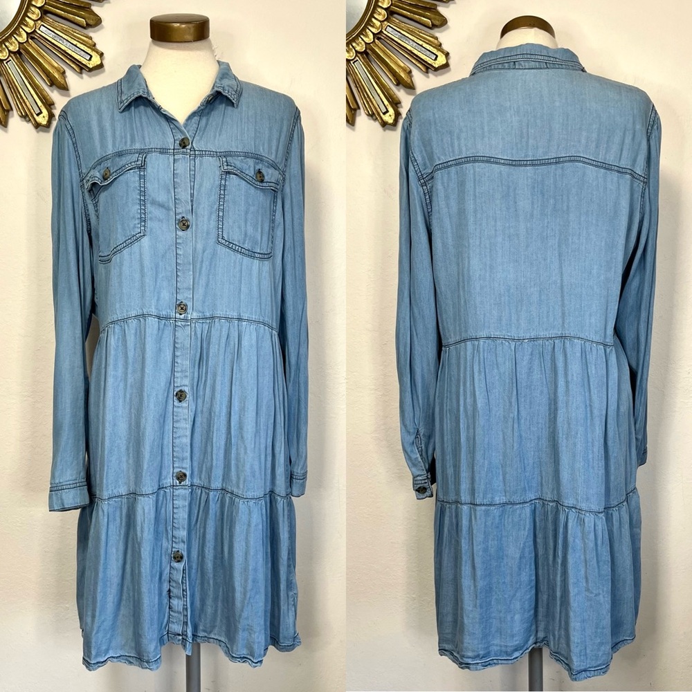 Maurices Chambray Denim Tiered Long Sleeve Shirt Dress